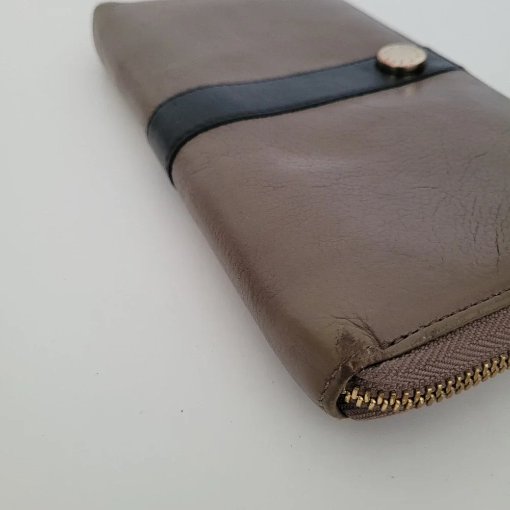 Furla Zip Around Leather Wallet Taupe Black Colorblock Silver Logo Hardware
